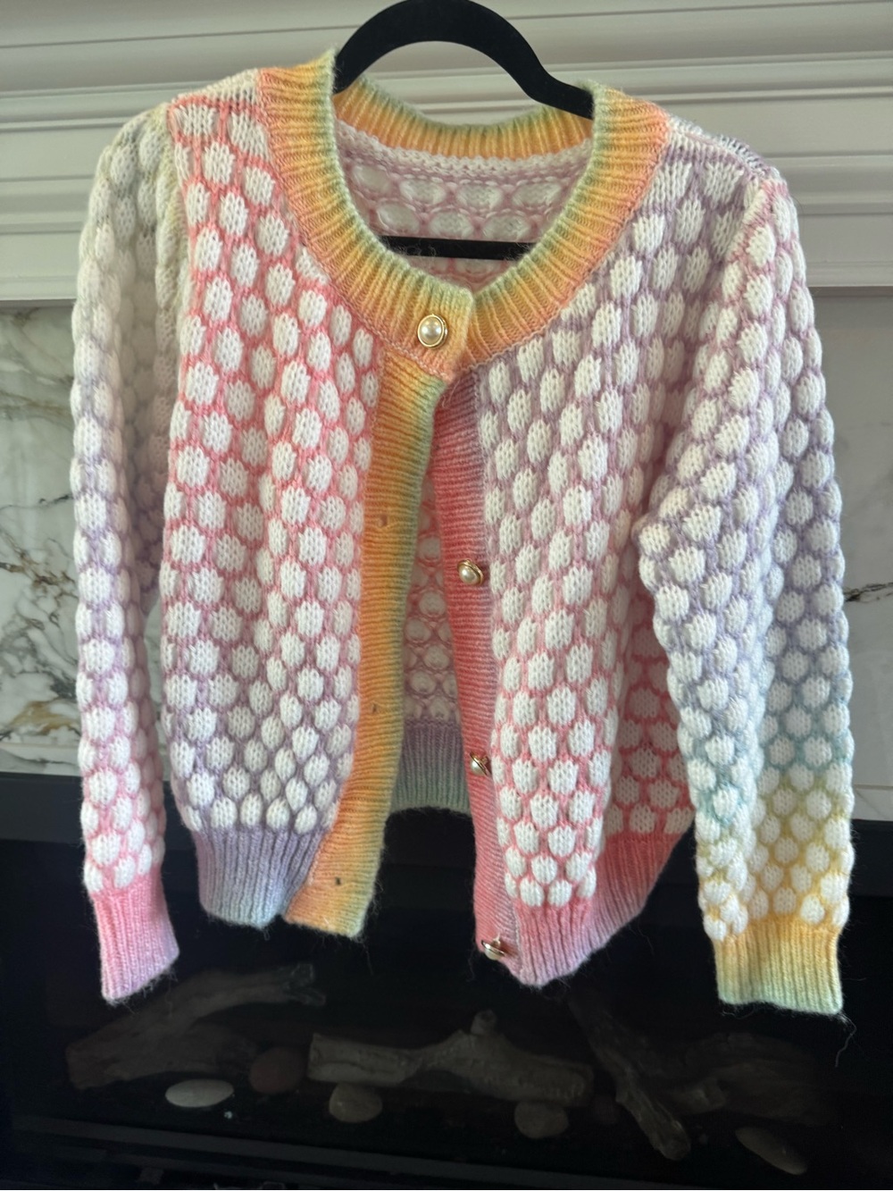 SHEIN Pastel Rainbow Bubble Knit Cardigan with Pearl Buttons